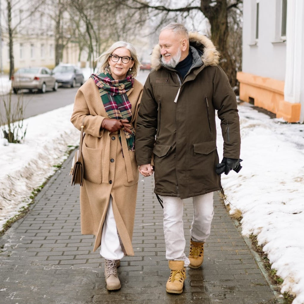 senior couple walking in winter