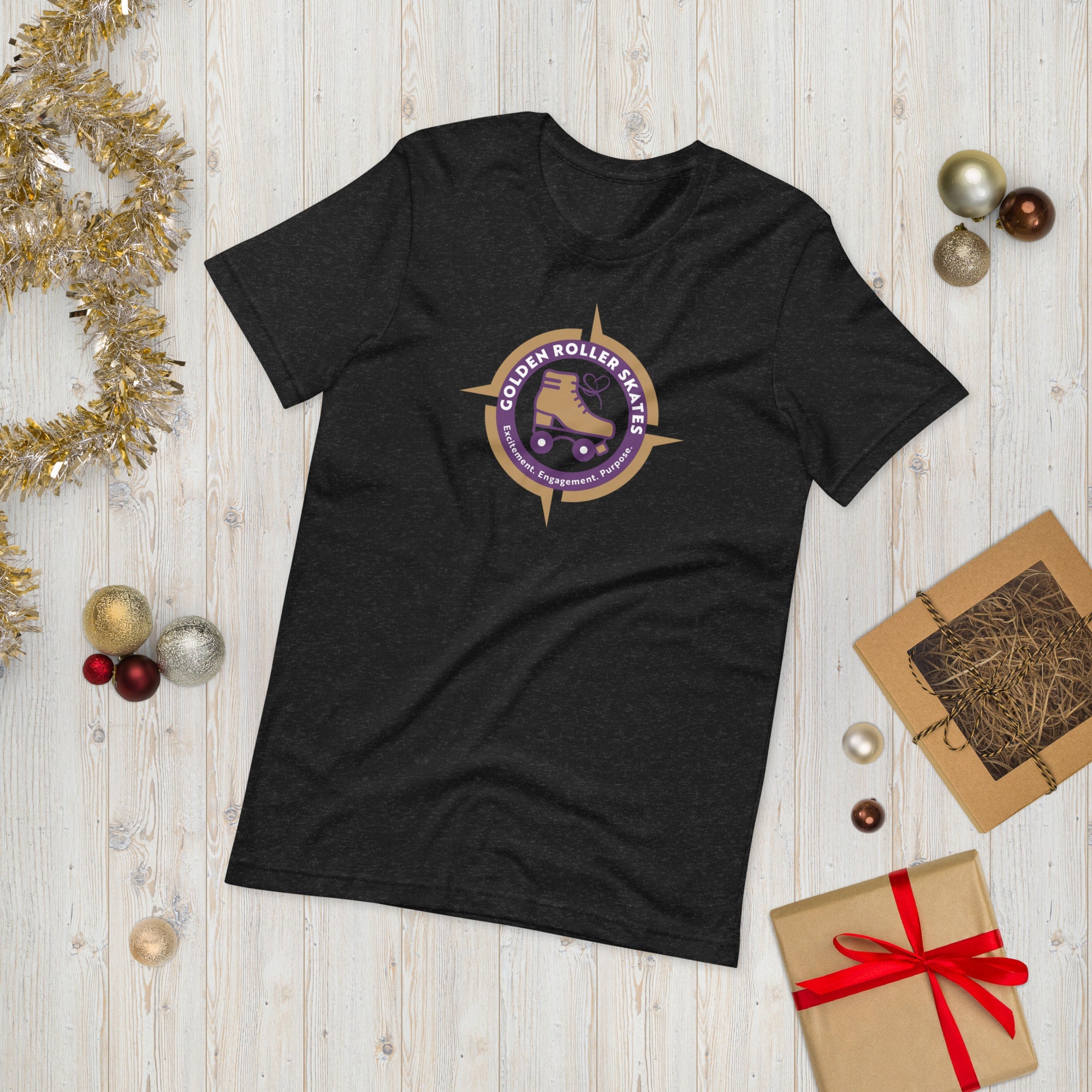 Black Heather Golden Roller Skates Logo T-Shirt on a Holiday Background